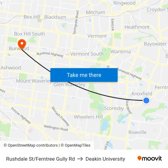 Rushdale St/Ferntree Gully Rd to Deakin University map