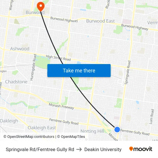 Springvale Rd/Ferntree Gully Rd to Deakin University map