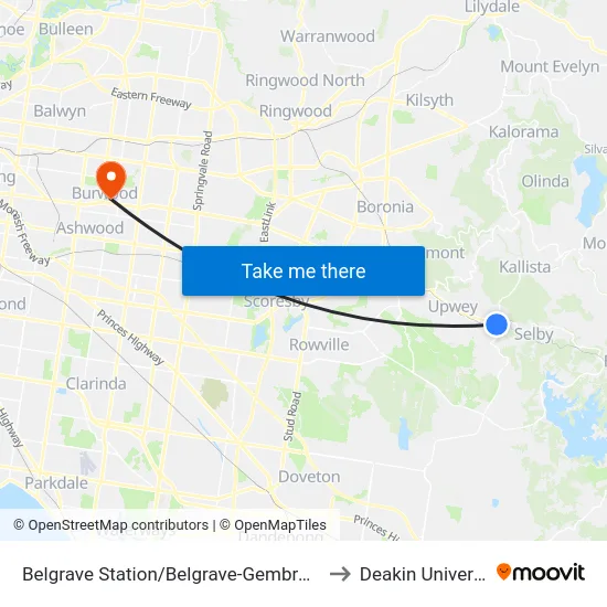 Belgrave Station/Belgrave-Gembrook Rd to Deakin University map