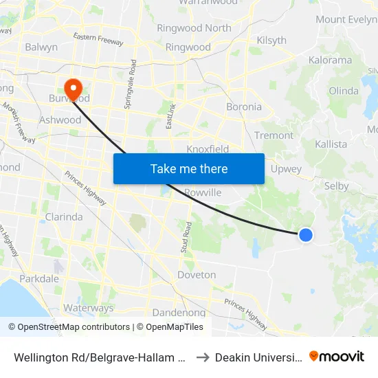 Wellington Rd/Belgrave-Hallam Rd to Deakin University map