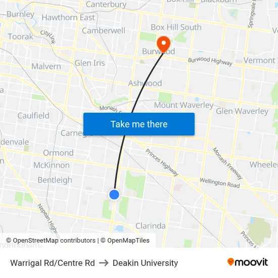 Warrigal Rd/Centre Rd to Deakin University map