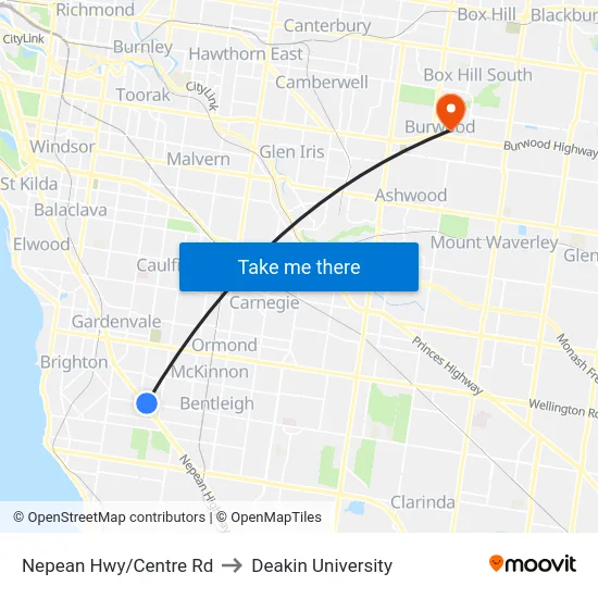 Nepean Hwy/Centre Rd to Deakin University map