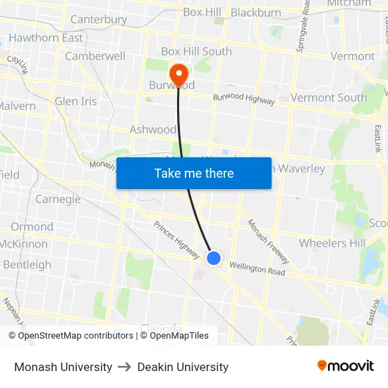Monash University to Deakin University map