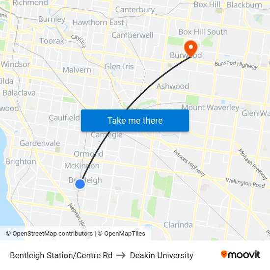 Bentleigh Station/Centre Rd to Deakin University map