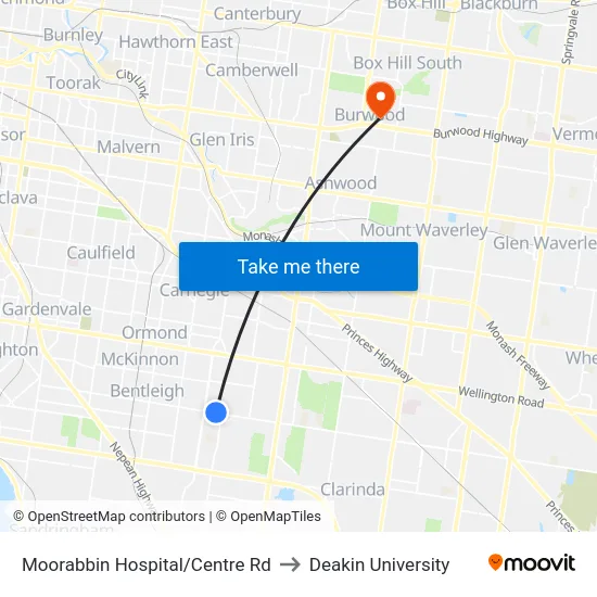 Moorabbin Hospital/Centre Rd to Deakin University map