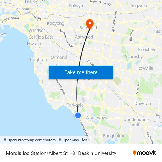 Mordialloc Station/Albert St to Deakin University map