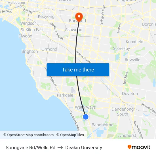 Springvale Rd/Wells Rd to Deakin University map
