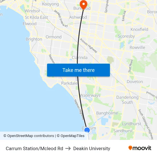 Carrum Station/Mcleod Rd to Deakin University map