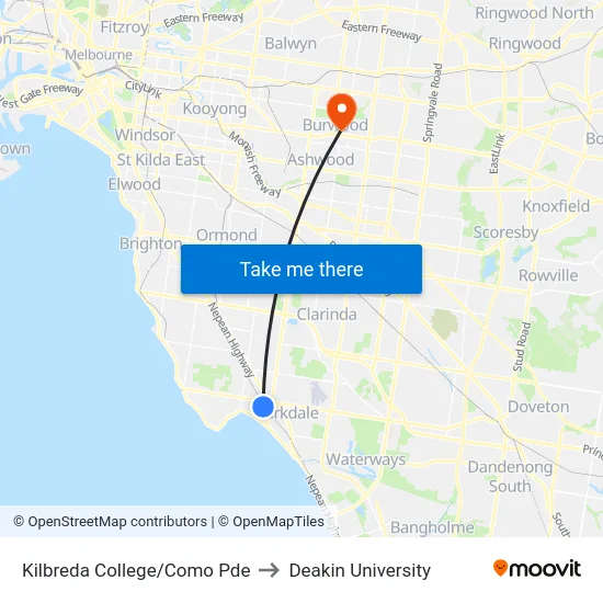 Kilbreda College/Como Pde to Deakin University map