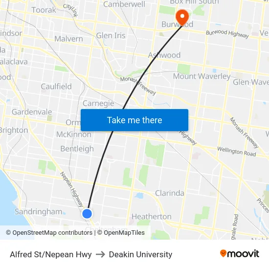 Alfred St/Nepean Hwy to Deakin University map