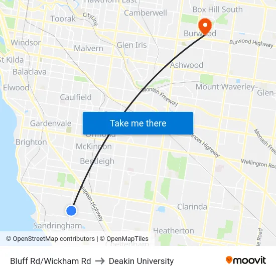 Bluff Rd/Wickham Rd to Deakin University map