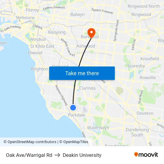 Oak Ave/Warrigal Rd to Deakin University map