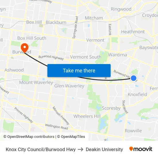 Knox City Council/Burwood Hwy to Deakin University map
