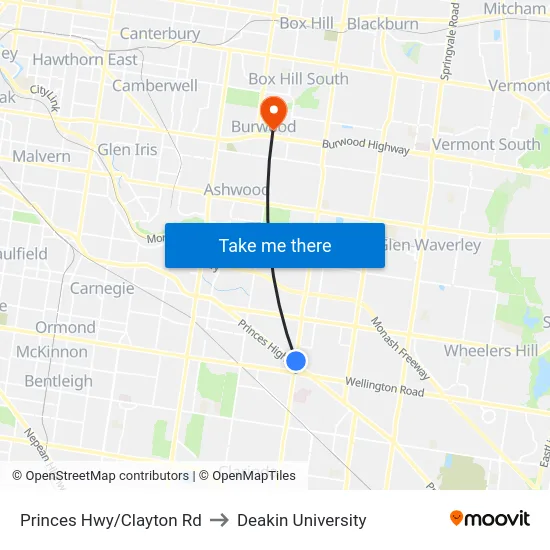 Princes Hwy/Clayton Rd to Deakin University map