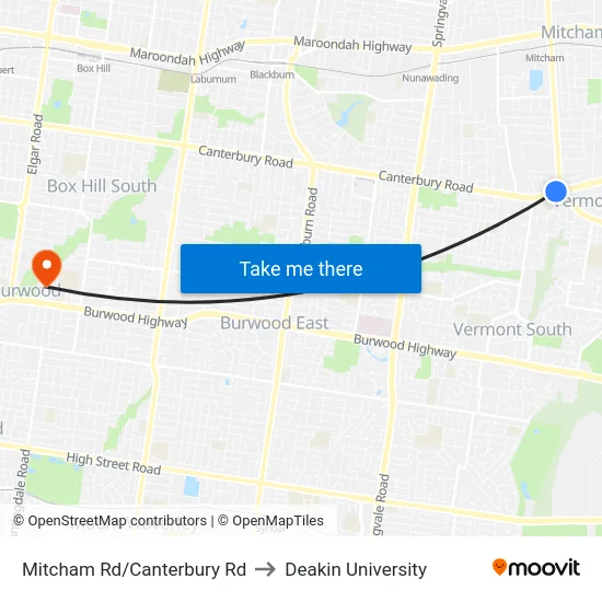 Mitcham Rd/Canterbury Rd to Deakin University map