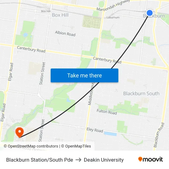 Blackburn Station/South Pde to Deakin University map