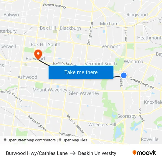 Burwood Hwy/Cathies Lane to Deakin University map