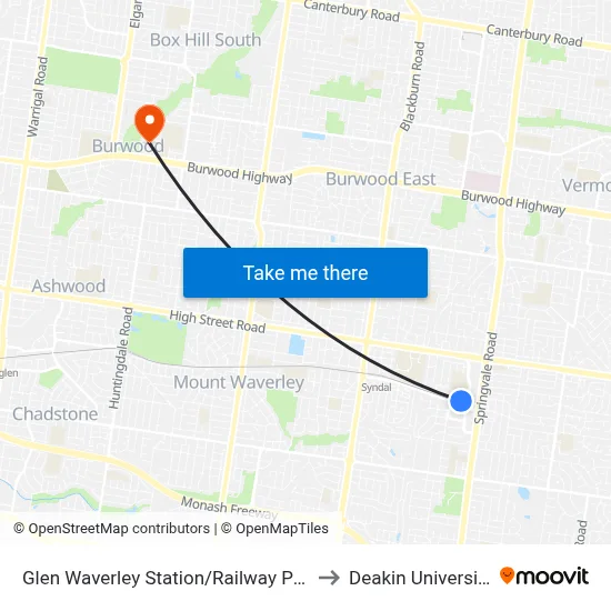 Glen Waverley Station/Railway Pde to Deakin University map