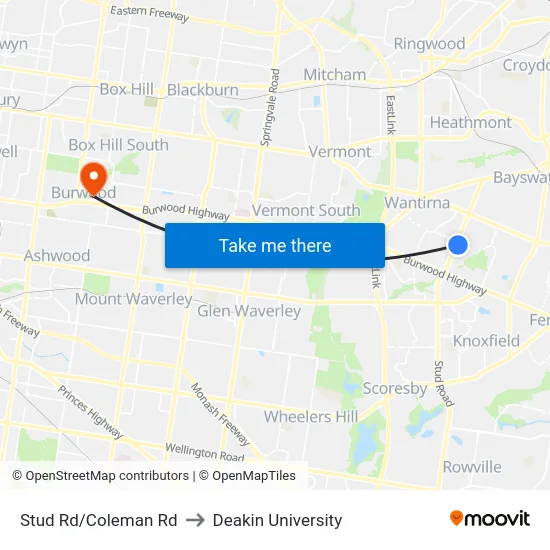 Stud Rd/Coleman Rd to Deakin University map