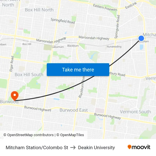 Mitcham Station/Colombo St to Deakin University map