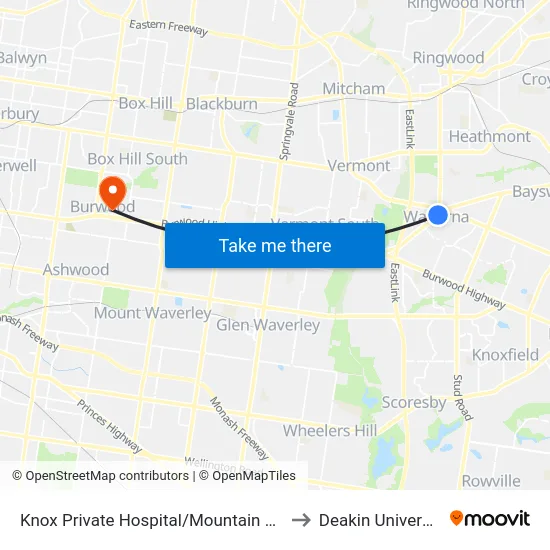 Knox Private Hospital/Mountain Hwy to Deakin University map