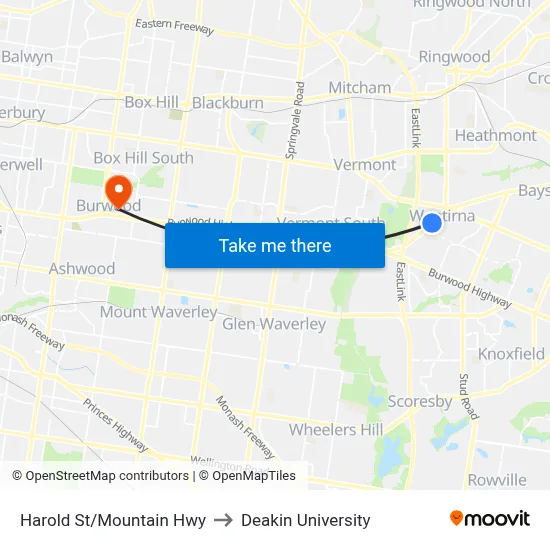 Harold St/Mountain Hwy to Deakin University map