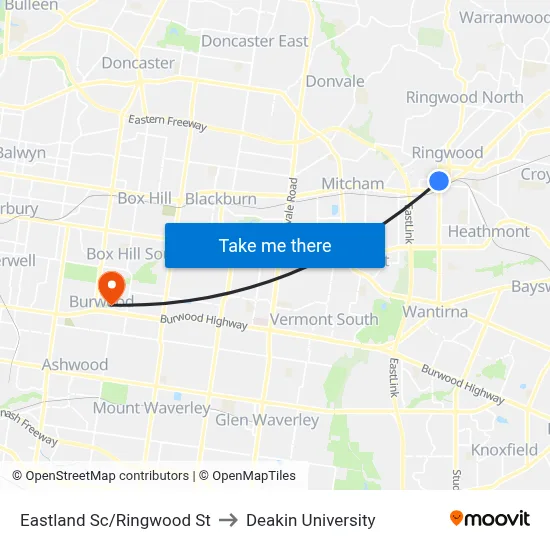 Eastland Sc/Ringwood St to Deakin University map