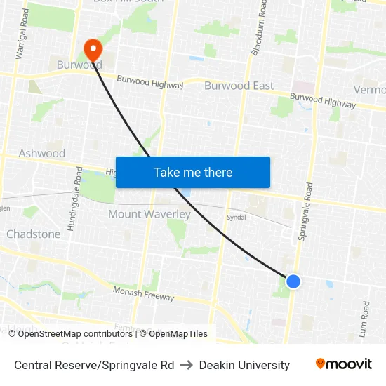 Central Reserve/Springvale Rd to Deakin University map