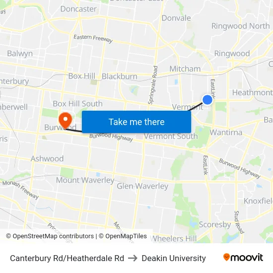 Canterbury Rd/Heatherdale Rd to Deakin University map