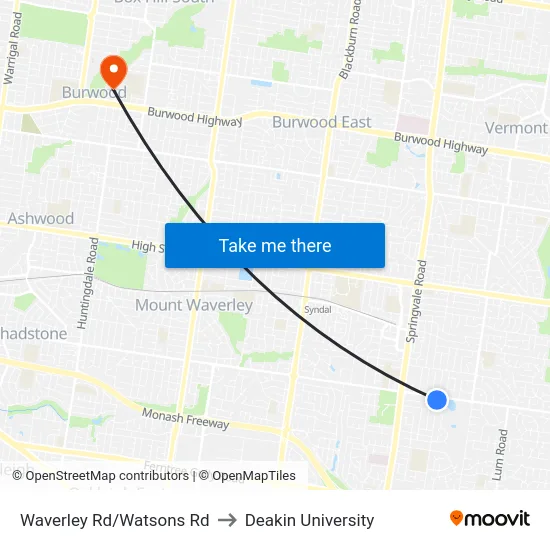 Waverley Rd/Watsons Rd to Deakin University map
