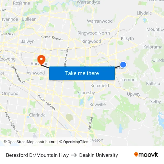 Beresford Dr/Mountain Hwy to Deakin University map