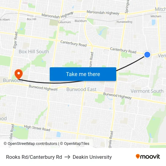 Rooks Rd/Canterbury Rd to Deakin University map