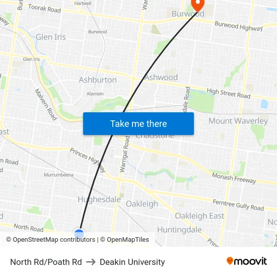 North Rd/Poath Rd to Deakin University map