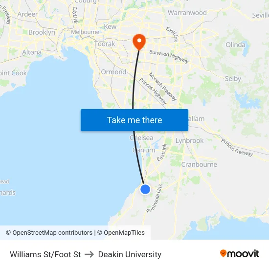Williams St/Foot St to Deakin University map