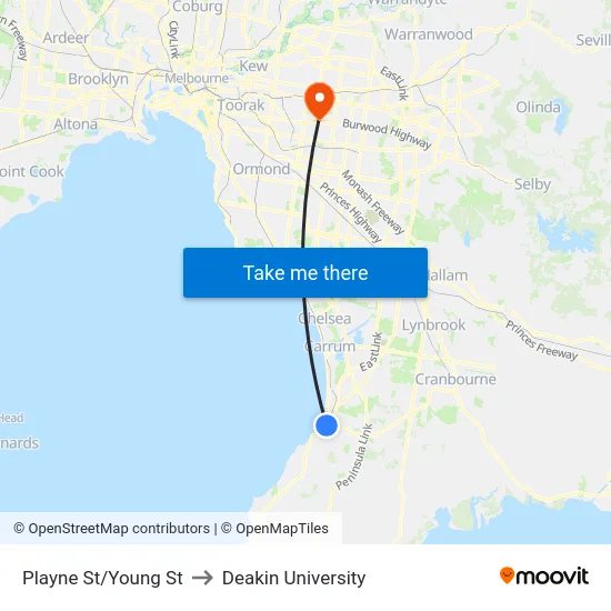 Playne St/Young St to Deakin University map