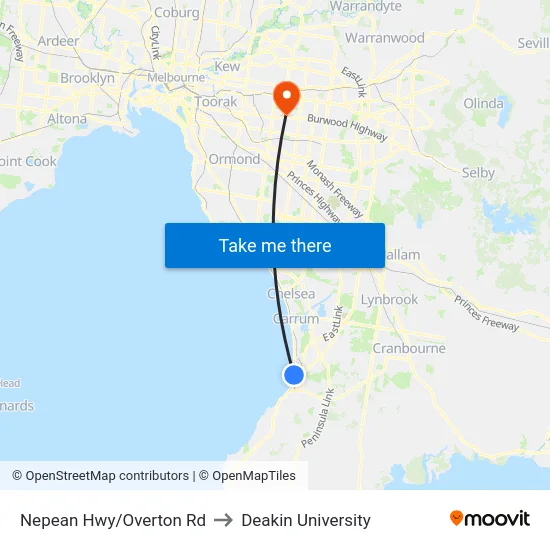 Nepean Hwy/Overton Rd to Deakin University map