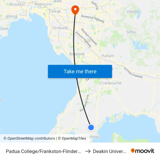 Padua College/Frankston-Flinders Rd to Deakin University map