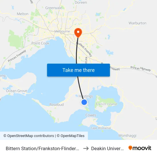 Bittern Station/Frankston-Flinders Rd to Deakin University map