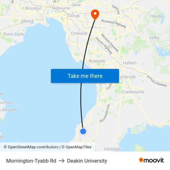 Mornington-Tyabb Rd to Deakin University map