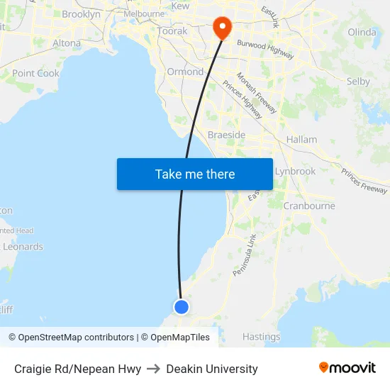Craigie Rd/Nepean Hwy to Deakin University map