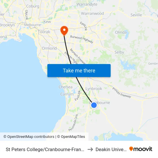 St Peters College/Cranbourne-Frankston Rd to Deakin University map