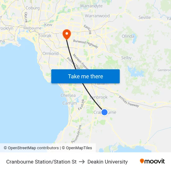 Cranbourne Station/Station St to Deakin University map