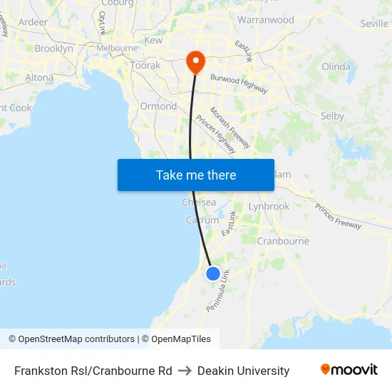 Frankston Rsl/Cranbourne Rd to Deakin University map