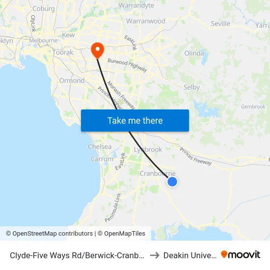 Clyde-Five Ways Rd/Berwick-Cranbourne Rd to Deakin University map