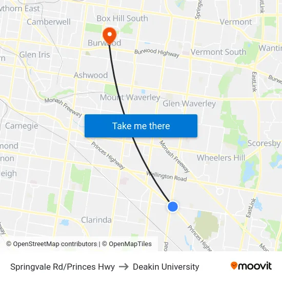 Springvale Rd/Princes Hwy to Deakin University map