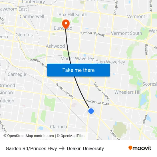 Garden Rd/Princes Hwy to Deakin University map
