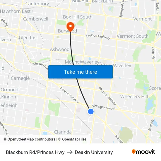 Blackburn Rd/Princes Hwy to Deakin University map