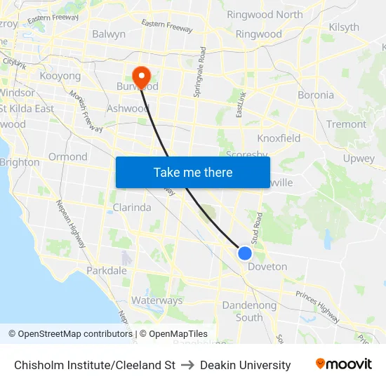 Chisholm Institute/Cleeland St to Deakin University map