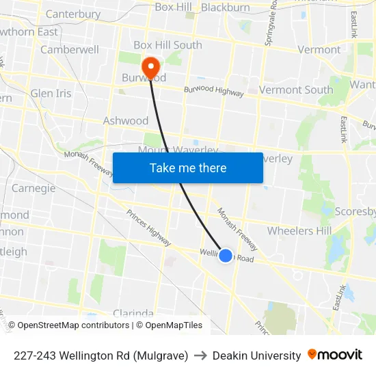 227-243 Wellington Rd to Deakin University map