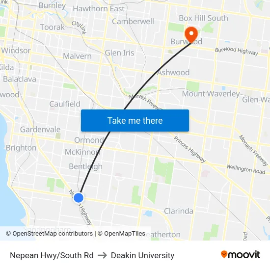 Nepean Hwy/South Rd to Deakin University map